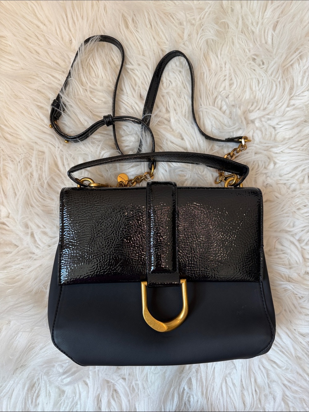 Black Patent Flap Crossbody Satchel with Gold Accent